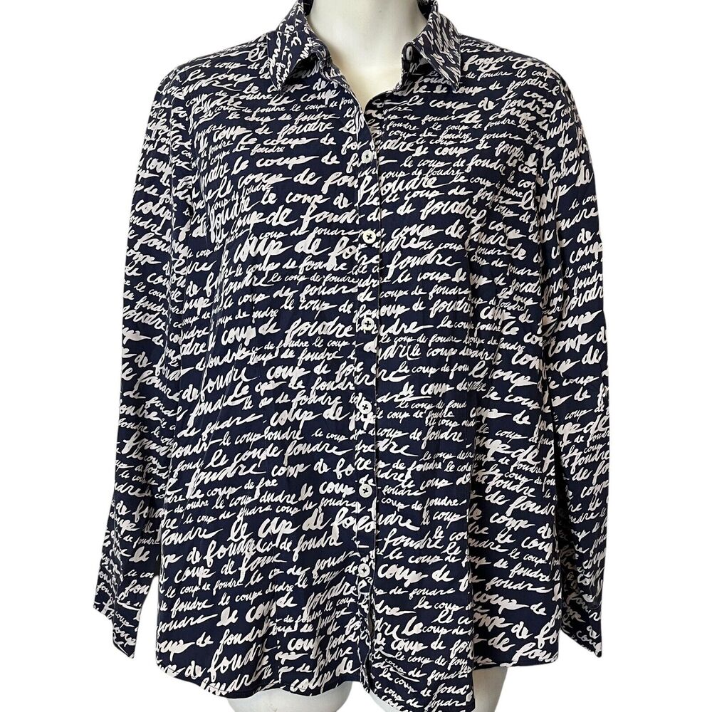 Chicos No Iron Womens Script Print All Over Long Sleeve Button Up Shirt Top 0 S